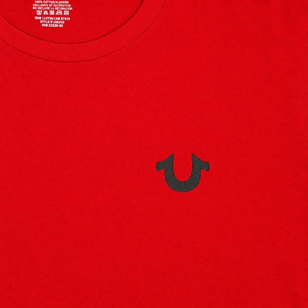 True Religion Tee Mens 2XL Red Buddha Logo Graphic‎ Back Print Shirt